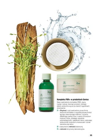 Kompleks PBR+ w produktach Genius
Nasz zastrzeżony kompleks PBR+ łączy
naukę i naturę, tworząc produkt, którego
efekty widoczne są już po dwóch tygodniach
stosowania.
P = Phytinol, czyli zastrzeżony przez firmę
Arbonne kompleks o wysokiej skuteczności
łączący dwa wyciągi roślinne: z lucerny
(Medicago sativa) oraz z cykorii (Cichorium
intybus), które, działając wspólnie,
poprawiają kolor i gładkości skóry, spłycając
widoczność drobnych zmarszczek i oznak
starzenia się skóry.
B = bakuchiol to retinoid botaniczny.
R = retinoid otrzymany laboratoryjnie.
35
 