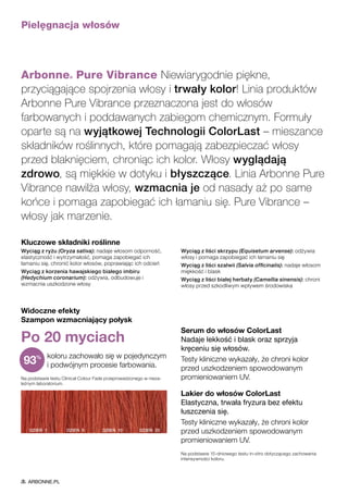 Pielęgnacja włosów
Arbonne® Pure Vibrance Niewiarygodnie piękne,
przyciągające spojrzenia włosy i trwały kolor! Linia produktów
Arbonne Pure Vibrance przeznaczona jest do włosów
farbowanych i poddawanych zabiegom chemicznym. Formuły
oparte są na wyjątkowej Technologii ColorLast – mieszance
składników roślinnych, które pomagają zabezpieczać włosy
przed blaknięciem, chroniąc ich kolor. Włosy wyglądają
zdrowo, są miękkie w dotyku i błyszczące. Linia Arbonne Pure
Vibrance nawilża włosy, wzmacnia je od nasady aż po same
końce i pomaga zapobiegać ich łamaniu się. Pure Vibrance –
włosy jak marzenie.
Widoczne efekty
Szampon wzmacniający połysk
Po 20 myciach
koloru zachowało się w pojedynczym
i podwójnym procesie farbowania.
Na podstawie testu Clinical Colour Fade przeprowadzonego w nieza-
leżnym laboratorium.
DZIEŃ 1 DZIEŃ 5 DZIEŃ 10 DZIEŃ 20
Serum do włosów ColorLast
Nadaje lekkość i blask oraz sprzyja
kręceniu się włosów.
Testy kliniczne wykazały, że chroni kolor
przed uszkodzeniem spowodowanym
promieniowaniem UV.
Lakier do włosów ColorLast
Elastyczna, trwała fryzura bez efektu
łuszczenia się.
Testy kliniczne wykazały, że chroni kolor
przed uszkodzeniem spowodowanym
promieniowaniem UV.
Na podstawie 15-dniowego testu in-vitro dotyczącego zachowania
intensywności koloru.
93%
Kluczowe składniki roślinne
Wyciąg z ryżu (Oryza sativa): nadaje włosom odporność,
elastyczność i wytrzymałość, pomaga zapobiegać ich
łamaniu się, chronić kolor włosów, poprawiając ich odcień
Wyciąg z korzenia hawajskiego białego imbiru
(Hedychium coronarium): odżywia, odbudowuje i
wzmacnia uszkodzone włosy
Wyciąg z liści skrzypu (Equisetum arvense): odżywia
włosy i pomaga zapobiegać ich łamaniu się
Wyciąg z liści szałwii (Salvia officinalis): nadaje włosom
miękkość i blask
Wyciąg z liści białej herbaty (Camellia sinensis): chroni
włosy przed szkodliwym wpływem środowiska
ARBONNE.PL
 