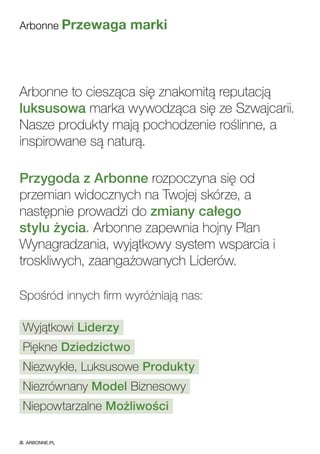 Arbonne Przewaga marki
Arbonne to ciesząca się znakomitą reputacją
luksusowa marka wywodząca się ze Szwajcarii.
Nasze produkty mają pochodzenie roślinne, a
inspirowane są naturą.
Przygoda z Arbonne rozpoczyna się od
przemian widocznych na Twojej skórze, a
następnie prowadzi do zmiany całego
stylu życia. Arbonne zapewnia hojny Plan
Wynagradzania, wyjątkowy system wsparcia i
troskliwych, zaangażowanych Liderów.
Spośród innych firm wyróżniają nas:
Wyjątkowi Liderzy
Piękne Dziedzictwo
Niezwykłe, Luksusowe Produkty
Niezrównany Model Biznesowy
Niepowtarzalne Możliwości
ARBONNE.PL
 