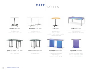 48 WWW.AFREVENTS.COM
CYLINDER DINING TABLE
21"Round x 30"H (Cylinders)
72"L x 36"D (Top)
Includes Wireless LED Lighting
VIVID RECTANGLE CAFÉ TABLE
60"L x 36"D x 30"H
VIVID SQUARE CAFÉ TABLE
42"Square x 30"H
CYLINDER CAFÉ TABLE
21"Round x 30"H (Table Top 30")
21"Round x 30"H (Table Top 42")
Includes Wireless LED Lighting
T A B L E S
C A F É
CLUB DINING TABLE
72"L x 36"D x 30"H
Includes built in Wireless LED Lighting
SQUARE CAFÉ TABLE
24"Square x 29"H
Available in Black or Chrome Base
RECTANGLE CAFÉ TABLE
72"L x 24"D x 29"H
Available in Black or Chrome Base
CAFÉ TABLE
30"Round x 30"H
36"Round x 30"H
Available in Black, Maple & White Tops
& Black or Chrome Base
 