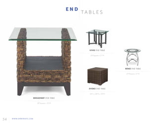 54 WWW.AFREVENTS.COM
T A B L E S
E N D
BROADWAY END TABLE
28"Square x 25"H
RENO END TABLE
25"Round x 21"H
VIVID END TABLE
26"Square x 21"H
EVOKE END TABLE
24"L x 28"D x 25"H
 
