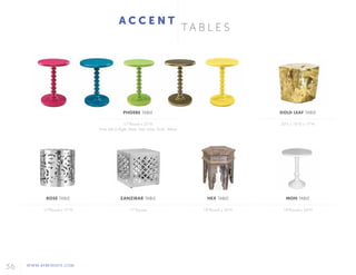 56 WWW.AFREVENTS.COM
T A B L E S
A C C E N T
ROSE TABLE
17"Round x 17"H
ZANZIBAR TABLE
17"Square
PHOEBE TABLE
17"Round x 22"H
From Left to Right: Rose, Teal, Lime, Gold, Yellow
HEX TABLE
18"Round x 20"H
MON TABLE
18"Round x 24"H
GOLD LEAF TABLE
20"L x 18"D x 17"H
 