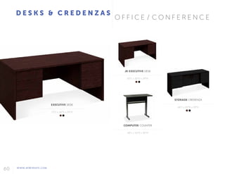 60 WWW.AFREVENTS.COM
O F F I C E / C O N F E R E N C E
D E S K S & C R E D E N Z A S
COMPUTER COUNTER
48"L x 24"D x 42"H
STORAGE CREDENZA
66"L x 20"D x 29"H
JR EXECUTIVE DESK
60"L x 30"D x 29"H
EXECUTIVE DESK
72"L x 36"D x 29"H
 
