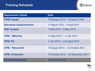 4
Training Schedule
Departments Visited Date
PPM Coastal 3 February 2014 – 14 March 2194
Standards Implementation 17 March 2014 – 4 April 2014
CNC Coastal 7 April 2014 – 9 May 2014
CPM – Metering 12 May 2014 – 4 July 2014
CPM- DC 7 July 2014 – 15 August 2014
CPM - Telecontrol 18 August 2014 – 10 October 2014
CPM - Protection 13 October 2014 - 23 December 2014
Project Engineering 15 January 2015 -
 