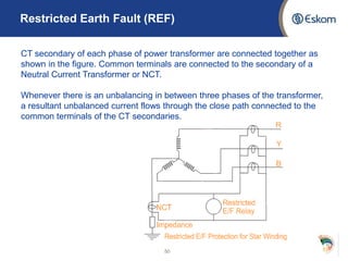 Restricted Earth Fault (REF)
50
CT secondary of each phase of power transformer are connected together as
shown in the figure. Common terminals are connected to the secondary of a
Neutral Current Transformer or NCT.
Whenever there is an unbalancing in between three phases of the transformer,
a resultant unbalanced current flows through the close path connected to the
common terminals of the CT secondaries.
 