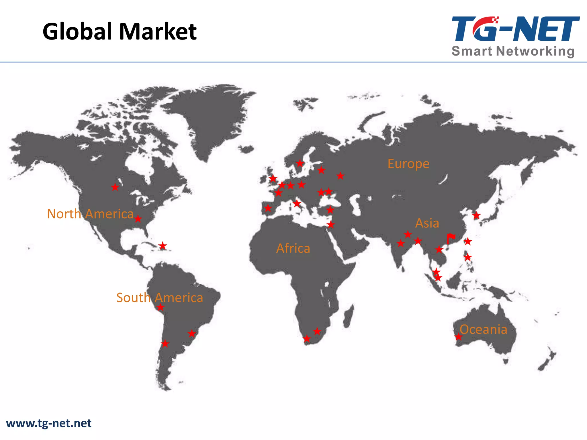 www.tg-net.net
Global Market
North America
South America
Africa
Europe
Oceania
Asia
 