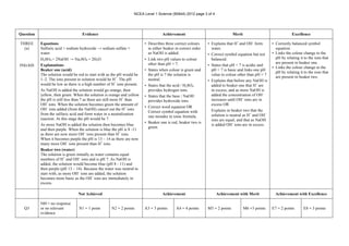 NCEA Level 1 Science (90944) 2012 page 3 of 4
Question Evidence Achievement Merit Excellence
THREE
(a)
(b)(c)(d)
Equations
Sulfuric acid + sodium hydroxide → sodium sulfate +
water
H2SO4 + 2NaOH → Na2SO4 + 2H2O
Explanations
Beaker one (acid)
The solution would be red to start with as the pH would be
1–2. The ions present in solution would be H+
. The pH
would be low as there is a high number of H+
ions present.
As NaOH is added the solution would go orange, then
yellow, then green. When the solution is orange and yellow
the pH is still less than 7 as there are still more H+
than
OH–
ions. When the solution becomes green the amount of
OH–
ions added (from the NaOH) cancel out the H+
ions
from the sulfuric acid and form water in a neutralisation
reaction. At this stage the pH would be 7.
As more NaOH is added the solution then becomes blue
and then purple. When the solution is blue the pH is 8 -11
as there are now more OH–
ions present than H+
ions.
When it becomes purple the pH is 13 – 14 as there are now
many more OH–
ions present than H+
ions.
Beaker two (water)
The solution is green initially as water contains equal
numbers of H+
and OH–
ions and is pH 7. As NaOH is
added, the solution would become blue (pH 8 - 11) and
then purple (pH 13 – 14). Because the water was neutral to
start with, as more OH–
ions are added, the solution
becomes more basic as the OH–
ions are immediately in
excess.
• Describes three correct colours
in either beaker in correct order
as NaOH is added.
• Link two pH values to colour
other than pH = 7.
• States when colour is green and
the pH is 7 the solution is
neutral.
• States that the acid / H2SO4
provides hydrogen ions.
• States that the base / NaOH
provides hydroxide ions.
• Correct word equation OR
Correct symbol equation with
one mistake in ionic formula.
• Beaker one is red, beaker two is
green.
• Explains that H+
and OH–
form
water.
• Correct symbol equation but not
balanced.
• States that pH < 7 is acidic and
pH > 7 is basic and links one pH
value to colour other than pH = 7
• Explains that before any NaOH is
added to beaker one that H+
are
in excess, and as more NaOH is
added the concentration of OH–
increases until OH–
ions are in
excess OR
Explains in beaker two that the
solution is neutral as H+
and OH–
ions are equal, and that as NaOH
is added OH–
ions are in excess.
• Correctly balanced symbol
equation.
• Links the colour change to the
pH by relating it to the ions that
are present in beaker one.
• Links the colour change to the
pH by relating it to the ions that
are present in beaker two.
Not Achieved Achievement Achievement with Merit Achievement with Excellence
Q3
NØ = no response
or no relevant
evidence
N1 = 1 point N2 = 2 points A3 = 3 points A4 = 4 points M5 = 2 points M6 =3 points E7 = 2 points E8 = 3 points
 