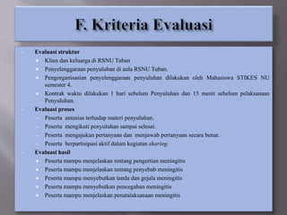 • Evaluasi struktur
 Klien dan keluarga di RSNU Tuban
 Penyelenggaraan penyuluhan di aula RSNU Tuban.
 Pengorganisasian penyelenggaraan penyuluhan dilakukan oleh Mahasiswa STIKES NU
semester 4.
 Kontrak waktu dilakukan 1 hari sebelum Penyuluhan dan 15 menit sebelum pelaksanaan
Penyuluhan.
• Evaluasi proses
– Peserta antusias terhadap materi penyuluhan.
– Peserta mengikuti penyuluhan sampai selesai.
– Peserta mengajukan pertanyaan dan menjawab pertanyaan secara benar.
– Peserta berpartisipasi aktif dalam kegiatan sharing.
• Evaluasi hasil
 Peserta mampu menjelaskan tentang pengertian meningitis
 Peserta mampu menjelaskan tentang penyebab meningitis
 Peserta mampu menyebutkan tanda dan gejala meningitis
 Peserta mampu menyebutkan pencegahan meningitis
 Peserta mampu menjelaskan penatalaksanaan meningitis
 
