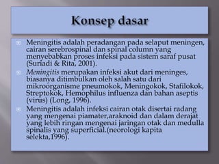  Meningitis adalah peradangan pada selaput meningen,
cairan serebrospinal dan spinal column yang
menyebabkan proses infeksi pada sistem saraf pusat
(Suriadi & Rita, 2001).
 Meningitis merupakan infeksi akut dari meninges,
biasanya ditimbulkan oleh salah satu dari
mikroorganisme pneumokok, Meningokok, Stafilokok,
Streptokok, Hemophilus influenza dan bahan aseptis
(virus) (Long, 1996).
 Meningitis adalah infeksi cairan otak disertai radang
yang mengenai piamater,araknoid dan dalam derajat
yang lebih ringan mengenai jaringan otak dan medulla
spinalis yang superficial.(neorologi kapita
selekta,1996).
 