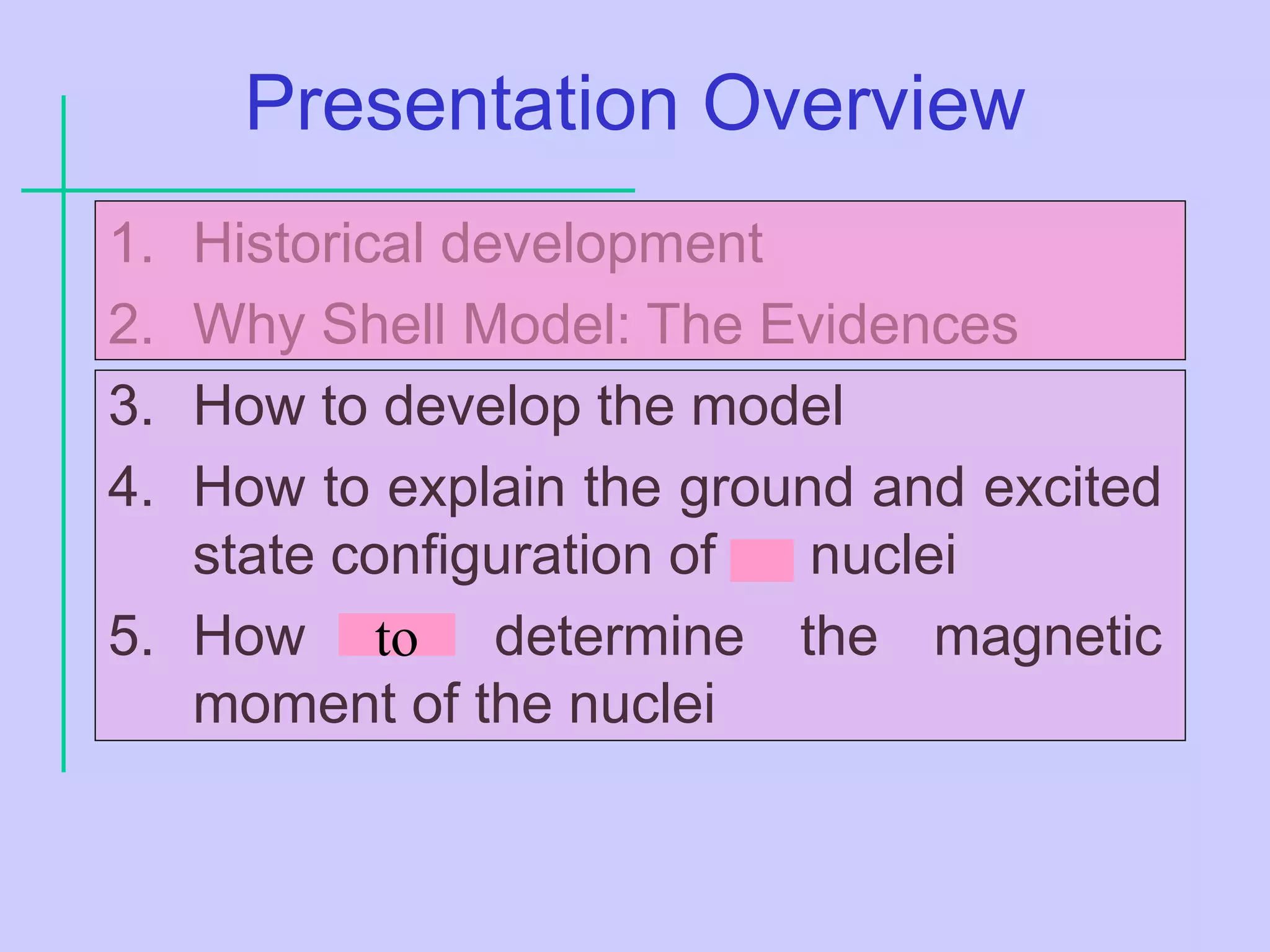 Presentation Overview
1. Historical development
2. Why Shell Model: The Evidences
3. How to develop the model
4. How to explain the ground and excited
state configuration of an nuclei
5. How the determine the magnetic
moment of the nuclei
to
 