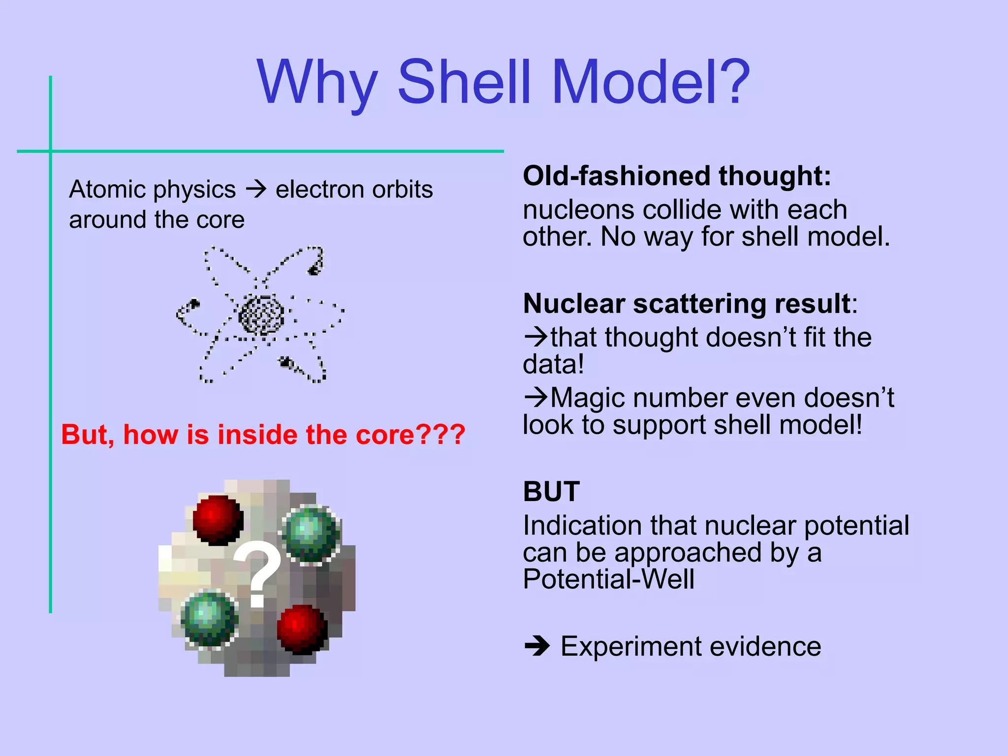 Why Shell Model?
Old-fashioned thought:
nucleons collide with each
other. No way for shell model.
Nuclear scattering result:
that thought doesn’t fit the
data!
Magic number even doesn’t
look to support shell model!
BUT
Indication that nuclear potential
can be approached by a
Potential-Well
 Experiment evidence
Atomic physics  electron orbits
around the core
?
But, how is inside the core???
 