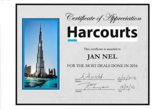 /"%ffi
Harcourts
This certificate is awarded to
JAN NEL
F'OR TI{E, MOST Dtr,ALS DONE, IN 201,6
^r,
, -14(, rcrc(4 ##c/6Signature
IL
 