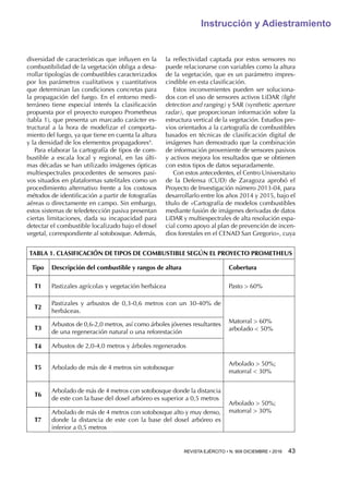 REVISTA EJÉRCITO • N. 909 DICIEMBRE • 2016 43 
Instrucción y Adiestramiento
diversidad de características que influyen en la
combustibilidad de la vegetación obliga a desa-
rrollar tipologías de combustibles caracterizados
por los parámetros cualitativos y cuantitativos
que determinan las condiciones concretas para
la propagación del fuego. En el entorno medi-
terráneo tiene especial interés la clasificación
propuesta por el proyecto europeo Prometheus
(tabla 1), que presenta un marcado carácter es-
tructural a la hora de modelizar el comporta-
miento del fuego, ya que tiene en cuenta la altura
y la densidad de los elementos propagadores4
.
Para elaborar la cartografía de tipos de com-
bustible a escala local y regional, en las últi-
mas décadas se han utilizado imágenes ópticas
multiespectrales procedentes de sensores pasi-
vos situados en plataformas satelitales como un
procedimiento alternativo frente a los costosos
métodos de identificación a partir de fotografías
aéreas o directamente en campo. Sin embargo,
estos sistemas de teledetección pasiva presentan
ciertas limitaciones, dada su incapacidad para
detectar el combustible localizado bajo el dosel
vegetal, correspondiente al sotobosque. Además,
la reflectividad captada por estos sensores no
puede relacionarse con variables como la altura
de la vegetación, que es un parámetro impres-
cindible en esta clasificación.
Estos inconvenientes pueden ser soluciona-
dos con el uso de sensores activos LiDAR (light
detection and ranging) y SAR (synthetic aperture
radar), que proporcionan información sobre la
estructura vertical de la vegetación. Estudios pre-
vios orientados a la cartografía de combustibles
basados en técnicas de clasificación digital de
imágenes han demostrado que la combinación
de información proveniente de sensores pasivos
y activos mejora los resultados que se obtienen
con estos tipos de datos separadamente.
Con estos antecedentes, el Centro Universitario
de la Defensa (CUD) de Zaragoza aprobó el
Proyecto de Investigación número 2013-04, para
desarrollarlo entre los años 2014 y 2015, bajo el
título de «Cartografía de modelos combustibles
mediante fusión de imágenes derivadas de datos
LiDAR y multiespectrales de alta resolución espa-
cial como apoyo al plan de prevención de incen-
dios forestales en el CENAD San Gregorio», cuya
TABLA 1. CLASIFICACIÓN DE TIPOS DE COMBUSTIBLE SEGÚN EL PROYECTO PROMETHEUS
Tipo Descripción del combustible y rangos de altura Cobertura
T1 Pastizales agrícolas y vegetación herbácea Pasto  60%
T2
Pastizales y arbustos de 0,3-0,6 metros con un 30-40% de
herbáceas.
Matorral  60%
arbolado  50%T3
Arbustos de 0,6-2,0 metros, así como árboles jóvenes resultantes
de una regeneración natural o una reforestación
T4 Arbustos de 2,0-4,0 metros y árboles regenerados
T5 Arbolado de más de 4 metros sin sotobosque
Arbolado  50%;
matorral  30%
T6
Arbolado de más de 4 metros con sotobosque donde la distancia
de este con la base del dosel arbóreo es superior a 0,5 metros
Arbolado  50%;
matorral  30%
T7
Arbolado de más de 4 metros con sotobosque alto y muy denso,
donde la distancia de este con la base del dosel arbóreo es
inferior a 0,5 metros
 