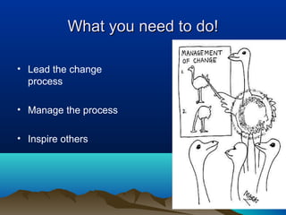 What you need to do!What you need to do!
• Lead the change
process
• Manage the process
• Inspire others
 
