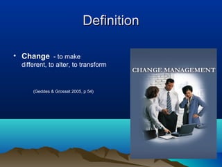 DefinitionDefinition
• Change - to make
different, to alter, to transform
(Geddes & Grosset 2005, p 54)
 