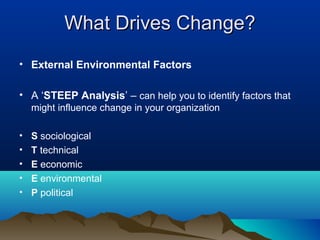 What Drives Change?What Drives Change?
• External Environmental Factors
• A ‘STEEP Analysis’ – can help you to identify factors that
might influence change in your organization
• S sociological
• T technical
• E economic
• E environmental
• P political
 
