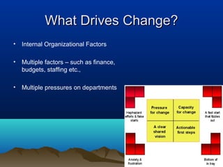 What Drives Change?What Drives Change?
• Internal Organizational Factors
• Multiple factors – such as finance,
budgets, staffing etc.,
• Multiple pressures on departments
 