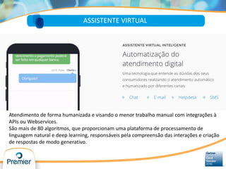 Atendimento de forma humanizada e visando o menor trabalho manual com integrações à
APIs ou Webservices.
São mais de 80 algoritmos, que proporcionam uma plataforma de processamento de
linguagem natural e deep learning, responsáveis pela compreensão das interações e criação
de respostas de modo generativo.
Valor da Automação em TIASSISTENTE VIRTUAL
 