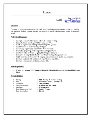 Resume
Praveena Rajesh
Email Id: veena.aug27@gmail.com
Mob: +917010716123
Objective:
To pursue a career in an organization which will provide a challenging environment, scope for creativity
and innovative thinking, promote learning and acquiring new skills, simultaneously aiming for a mutual
growth
Professional Summary:
 Having 6.10 Years of Experience in ETL & Manual Testing
 Strong Technical knowledge of ETL Testing and SQL
 Hands on experience in writing and executing SQL Queries
 Good Exposure on Software Bug Life Cycle
 Have testing experience in Informatica Power Center
 Involved in preparing, reviewing and executing Test Cases
 Good knowledge of Defect Logging,Tracking and Analysis
 Experience in using Quality Center as a Defect Tracking Management Tool
 Highly motivated professional with integrity and commitment to quality and perfection.
 Excellent analytical skills and innovative problem solving ability.
 Excellent communication and inter-personal skills.
Work Experience:
 Worked as a Manual/ETL Tester for Onmobile Global Ltd, Bangalore from Jan-2008 to Nov-
2014.
Technical Skills:
 Testing : ETL Testing & Manual Testing
 ETL : Informatica Power Center 8.6.2
 Databases : Oracle 9i/10g
 Operating Systems : Windows XP and UNIX
 Languages : SQL, PL/SQL
 Test Management Tool : Quality Center
 Data Access Tool : TOAD
 