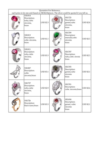 YR1814
Description:
ruby,cubic
zirconia,
brass
USD $2.3
YR1725
Description:
garnet,cubic
zirconia,
brass
USD $2.8
YR1813
Description:
cubic zirconia,
brass
USD $1.1
YR1709
Description:
emerald,cubic
zirconia
brass
USD $2.3
YR1811
Description:
ruby,cubic
zirconia,
brass
USD $3.3
YR1707
Description:
ruby,cubic zircnia
brass
USD $2.3
YR1807
Description:
cubic
zirconia,brass
USD $3.1
YR1705
Description:
garnet,cubic
zirconia
brass
USD $2.1
YR1737
Description:
ruby,cubic
zirconia,
brass
USD $2.9
YR1701
Description:
cubic zirconia,brass
USD $2.6
YR1726
Description:
black nano,brass
USD $3.3
YR1694
Description:
garnet, cubic
zirconia
brass
USD $2.1
Quotation For Reference,
each price is for one unit based on MOQ 60pieces. The silver could be quoted if you tell us.
 