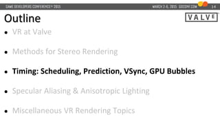 Outline
● VR at Valve
● Methods for Stereo Rendering
● Timing: Scheduling, Prediction, VSync, GPU Bubbles
● Specular Alias...