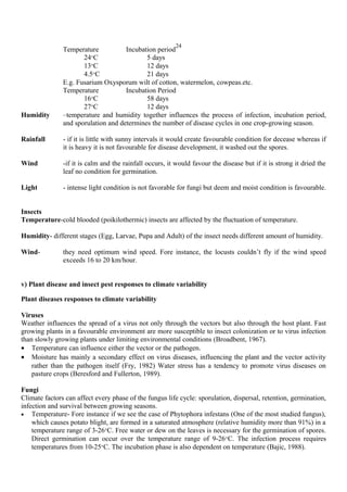 24
Temperature Incubation period
24°C 5 days
13°C 12 days
4.5°C 21 days
E.g. Fusarium Oxysporum wilt of cotton, watermelon, cowpeas.etc.
Temperature Incubation Period
16°C 58 days
27°C 12 days
Humidity –temperature and humidity together influences the process of infection, incubation period,
and sporulation and determines the number of disease cycles in one crop-growing season.
Rainfall - if it is little with sunny intervals it would create favourable condition for decease whereas if
it is heavy it is not favourable for disease development, it washed out the spores.
Wind -if it is calm and the rainfall occurs, it would favour the disease but if it is strong it dried the
leaf no condition for germination.
Light - intense light condition is not favorable for fungi but deem and moist condition is favourable.
Insects
Temperature-cold blooded (poikilothermic) insects are affected by the fluctuation of temperature.
Humidity- different stages (Egg, Larvae, Pupa and Adult) of the insect needs different amount of humidity.
Wind- they need optimum wind speed. Fore instance, the locusts couldn’t fly if the wind speed
exceeds 16 to 20 km/hour.
v) Plant disease and insect pest responses to climate variability
Plant diseases responses to climate variability
Viruses
Weather influences the spread of a virus not only through the vectors but also through the host plant. Fast
growing plants in a favourable environment are more susceptible to insect colonization or to virus infection
than slowly growing plants under limiting environmental conditions (Broadbent, 1967).
• Temperature can influence either the vector or the pathogen.
• Moisture has mainly a secondary effect on virus diseases, influencing the plant and the vector activity
rather than the pathogen itself (Fry, 1982) Water stress has a tendency to promote virus diseases on
pasture crops (Beresford and Fullerton, 1989).
Fungi
Climate factors can affect every phase of the fungus life cycle: sporulation, dispersal, retention, germination,
infection and survival between growing seasons.
• Temperature- Fore instance if we see the case of Phytophora infestans (One of the most studied fungus),
which causes potato blight, are formed in a saturated atmosphere (relative humidity more than 91%) in a
temperature range of 3-26°C. Free water or dew on the leaves is necessary for the germination of spores.
Direct germination can occur over the temperature range of 9-26°C. The infection process requires
temperatures from 10-25°C. The incubation phase is also dependent on temperature (Bajic, 1988).
 