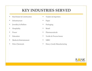 KEY INDUSTRIES SERVED
• Real Estate & Construction
• Infrastructure
• Jewellery & Bullion
• Hospitality
• Power
• Education
• Media & Entertainment
• Petro Chemicals
• Traders & Importers
• Paper
• Packaging
• Retail
• Pharmaceuticals
• Textile & Process house
• NBFC
• Heavy Goods Manufacturing
 