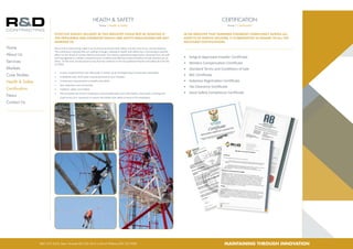 Effective service delivery in this industry could not be achieved if
the prescribed and stringent health and safety regulations are not
adhered to.
We at R & D Contracting make it our business to ensure that safety is at the core of our service delivery.
The continuous training that our staff go through, relating to health and safety has a tremendous positive
effect on the levels of service delivery achieved. Our various specialised applications demand from all staff
and management a cellular comprehension of safety and effective implementation of safe practices at all
times. To this end, we are proud to say that we conform to the Occupational Health and Safety Act (Act 85
of 1993).
•	 A very comprehensive site safety plan is drawn up at the beginning of every job undertaken.
•	 A detailed copy of this plan may be perused at your request.
•	 Continuous improvement in health and safety
•	 Risk reduction and monitoring
•	 Establish safety committees
•	 The company will ensure employees are provided with such information, instruction, training and
supervision as is necessary to secure the health and safety at work of all employees.
HEALTH & SAFETY
Home / Health & Safety
0861 072 6333, Remo Torrente 083 255 3415 or David Williams 083 235 9006
Home
About Us
Services
Markets
Case Studies
Health & Safety
Certification
News
Contact Us
MAINTAINING THROUGH INNOVATION
Home / Certification
CERTIFICATION
In an industry that demands stringent compliancy across all
aspects of service delivery, it is imperative to adhere to all the
necessary certifications.
•	 Ashgrid Approved Installer Certificate	
•	 Workers Compensation Certificate	
•	 Standard Terms and Conditions of Sale	
•	 BEE Certificate	
•	 Asbestos Registration Certificate	
•	 Tax Clearance Certificate	
•	 Sasol Safety Compliance Certificate	
2014006506
CALL CENTER NO: 0860 105 350
REG NO
: 990000351751
FAX NO
: 0123456789
ISSUE DATE
: 2015-04-24
CERTIFICATE NO : 2014006506
R & D CONTRACTING & CONSULTING
PO BOX 237
BUCCLEUCH
LETTER OF GOOD STANDING
COMPENSATION FOR OCCUPATIONAL INJURIES AND DISEASES ACT 130 of 1993 (AS
AMENDED).
With reference to sections 80, 82, 86 and 89 of Compensation for Occupational Injuries and Diseases Act
130 of 1993 (As amended), I hereby certify that:
R & D CONTRACTING & CONSULTING
has complied with the requirement of the above Act and is at present in good standing with the
Compensation Fund.
Nature of business :GENERAL CONSTRUCTION
Expiry date :2016-04-30
IMPORTANT NOTICE:
Any fraudulently obtained Letter of Good Standing shall constitute a criminal offence.
The Compensation Commissioner shall institute criminal proceedings against any perpetrators who
unlawfully alter or deface this letter with intend to defraud or misrepresent facts contained therein.
PLEASE, use the Below link (Website Address) to check if the Letter of Good Standing is valid:
https://cfonline.labour.gov.za/VerifyLOGS
Yours faithfully
CO
MPENSATION CO
MMISSION
ER
W.As. 48
Compensation
House, Cnr Hamilton and Soutpansberg Road, PO
Box 955, Pretoria, 0001 Fax:(012)357-1817 Website:http://www.labour.gov.za






 


 




























 