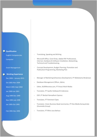 Qualification
English Competencies
Computer
Event Management
- Translating, Speaking and Writing
- Microsoft Office, Corel Draw, Adobe PDF Professional,
Internet, Hardware & Software Installation, Networking,
Technical and Troubleshooting
- Concept Development, Budget Planning, Promotion and
Publication Programming, Marketing Plan
Working Experience
Dec 2004 – January 2015
Oct 2002-Nov 2004
March 2001-Sept 2002
Jan 2000-Jan 2001
Aug 1999-Dec 1999
Nov 1995-July 1999
Jan 1995-Oct 1995
Feb 1992-Dec 1994
- Manager of Marketing & Business Development, PT Mediatama Binakreasi
- Database Management Officer, Adirec
- Editor, BUMNreview.com, PT Kreasi Multi Media
- Translator, PT Saville Holdsworth Indonesia
- EDP, PT Berkah Ramadhani Express
- Translator, PT Pamintori Cipta
- Translator, Vision Business Book Summaries, PT Elex Media Komputindo
(Gramedia Group)
- Translator, PT Mitra Jasa Bahasa
 