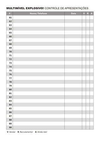 MULTINÍVEL EXPLOSIVO! CONTROLE DE APRESENTAÇÕES
V: Venda! R: Recrutamento! A: Ainda não!
 