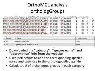 OrthoMCL	
  analysis	
  
orthologGroups	
  	
  
your_protein,	
  	
  	
  orthomcl_group,	
  	
  	
  seq_id_of_best_hit,	
  	
  	
  evalue_man7ssa,	
  	
  	
  evalue_exponent,	
  	
  	
  percent_iden7ty,	
  	
  	
  	
  percent_match	
  
•  Downloaded	
  the	
  “category”	
  ,	
  “species	
  name”,	
  and	
  
“abbrevia,on”	
  info	
  from	
  the	
  website	
  
•  Used	
  perl	
  scripts	
  to	
  add	
  the	
  corresponding	
  species	
  
name	
  and	
  category	
  to	
  the	
  orthologousGroups	
  ﬁle	
  
•  Calculated	
  #	
  of	
  orthologous	
  groups	
  in	
  each	
  category	
  
 