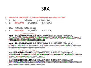 SRA	
  
•  Reads	
  from	
  DRR004446.sra	
  and	
  DRR004447.sra	
  are	
  exactly	
  the	
  same	
  
•  #	
  	
  	
  	
  	
  	
  	
  Run	
  	
  	
  	
  	
  	
  	
  	
  	
  	
  	
   	
  #	
  of	
  Spots 	
   	
  #	
  of	
  Bases 	
  	
  Size	
  
•  1. 	
  DRR004446 	
  14,841,025 	
  2.7G	
  	
  1.5Gb	
  
•  #	
  Run 	
  #	
  of	
  Spots 	
  #	
  of	
  Bases 	
  Size	
  
•  1. 	
  DRR004447 	
  14,841,025 	
  2.7G	
  1.5Gb	
  
 