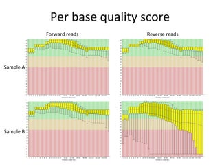 Per	
  base	
  quality	
  score	
  
Forward	
  reads	
   Reverse	
  reads	
  
Sample	
  A	
  
Sample	
  B	
  
 