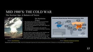 MID 1900’S: THE COLD WAR
The Nuclear Age: A Balance of Terror
The Manhattan
Project
• The world’s first nuclear weapon was developed
during World War II by the United States.
• This culminated in the atomic bombings of
Hiroshima and Nagasaki in 1945, which ended the
war in the Pacific.
• The bombing demonstrated to the world the
devastating power of nuclear technology, resulting
in over 200,000 casualties.
This led to what is known today as the Cold War and
introduced the concept of Mutually Assured
Destruction (MAD). The principle behind this is that
nuclear weapons served as a deterrent, as any use
would result in total annihilation for both sides. This
led to a tense arms race between the U.S. and the Soviet Union, who both stockpiled massive arsenals of nuclear warheads.
Source: NewYorkTimes Source: Federation of American Scientists
Mushroom cloud from Ivy Mike, one of An Infographic depicting the Nuclear Warhead Inventories of Nations as of 2024 the largest nuclear blasts.
13
 