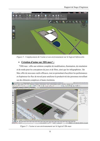Rapport de Stage d’Ingénieur
9
Figure 5 : l’emplacement de l’usine et son environnement sur le logiciel Infraworks
 Création d’usine sur 3DS max* :
*3DS max : offre une solution complète de modélisation, d'animation, de simulation
et de rendu pour les concepteurs de jeux et de films, ainsi que les infographistes. 3ds
Max offre de nouveaux outils efficaces, tout en permettant d'accélérer les performances
et d'optimiser les flux de travail pour améliorer la productivité des personnes travaillant
sur des éléments complexes et haute résolution.
Figure 5 : l’usine et son environnement sur le logiciel 3Ds max
 