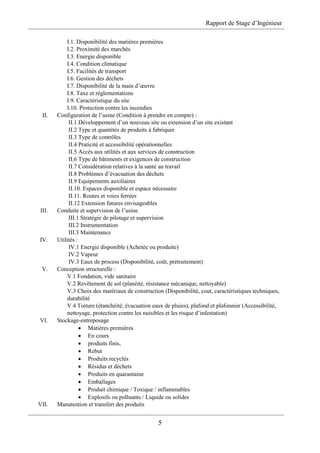 Rapport de Stage d’Ingénieur
5
I.1. Disponibilité des matières premières
I.2. Proximité des marchés
I.3. Energie disponible
I.4. Condition climatique
I.5. Facilités de transport
I.6. Gestion des déchets
I.7. Disponibilité de la main d’œuvre
I.8. Taxe et réglementations
I.9. Caractéristique du site
I.10. Protection contre les incendies
II. Configuration de l’usine (Condition à prendre en compte) :
II.1 Développement d’un nouveau site ou extension d’un site existant
II.2 Type et quantités de produits à fabriquer
II.3 Type de contrôles
II.4 Praticité et accessibilité opérationnelles
II.5 Accès aux utilités et aux services de construction
II.6 Type de bâtiments et exigences de construction
II.7 Considération relatives à la santé au travail
II.8 Problèmes d’évacuation des déchets
II.9 Equipements auxiliaires
II.10. Espaces disponible et espace nécessaire
II.11. Routes et voies ferrées
II.12 Extension futures envisageables
III. Conduite et supervision de l’usine
III.1 Stratégie de pilotage et supervision
III.2 Instrumentation
III.3 Maintenance
IV. Utilités :
IV.1 Energie disponible (Achetée ou produite)
IV.2 Vapeur
IV.3 Eaux de process (Disponibilité, coût, prétraitement)
V. Conception structurelle :
V.1 Fondation, vide sanitaire
V.2 Revêtement de sol (planéité, résistance mécanique, nettoyable)
V.3 Choix des matériaux de construction (Disponibilité, cout, caractéristiques techniques,
durabilité
V.4 Toiture (étanchéité, évacuation eaux de pluies), plafond et plafonnier (Accessibilité,
nettoyage, protection contre les nuisibles et les risque d’infestation)
VI. Stockage-entreposage
 Matières premières
 En cours
 produits finis,
 Rebut
 Produits recyclés
 Résidus et déchets
 Produits en quarantaine
 Emballages
 Produit chimique / Toxique / inflammables
 Explosifs ou polluants / Liquide ou solides
VII. Manutention et transfert des produits
 