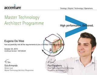 Eugene De Wee
has successfully met all the requirements to be a Certified Technology Architect
October 20, 2015
Certificate Number: 1897296208
 
