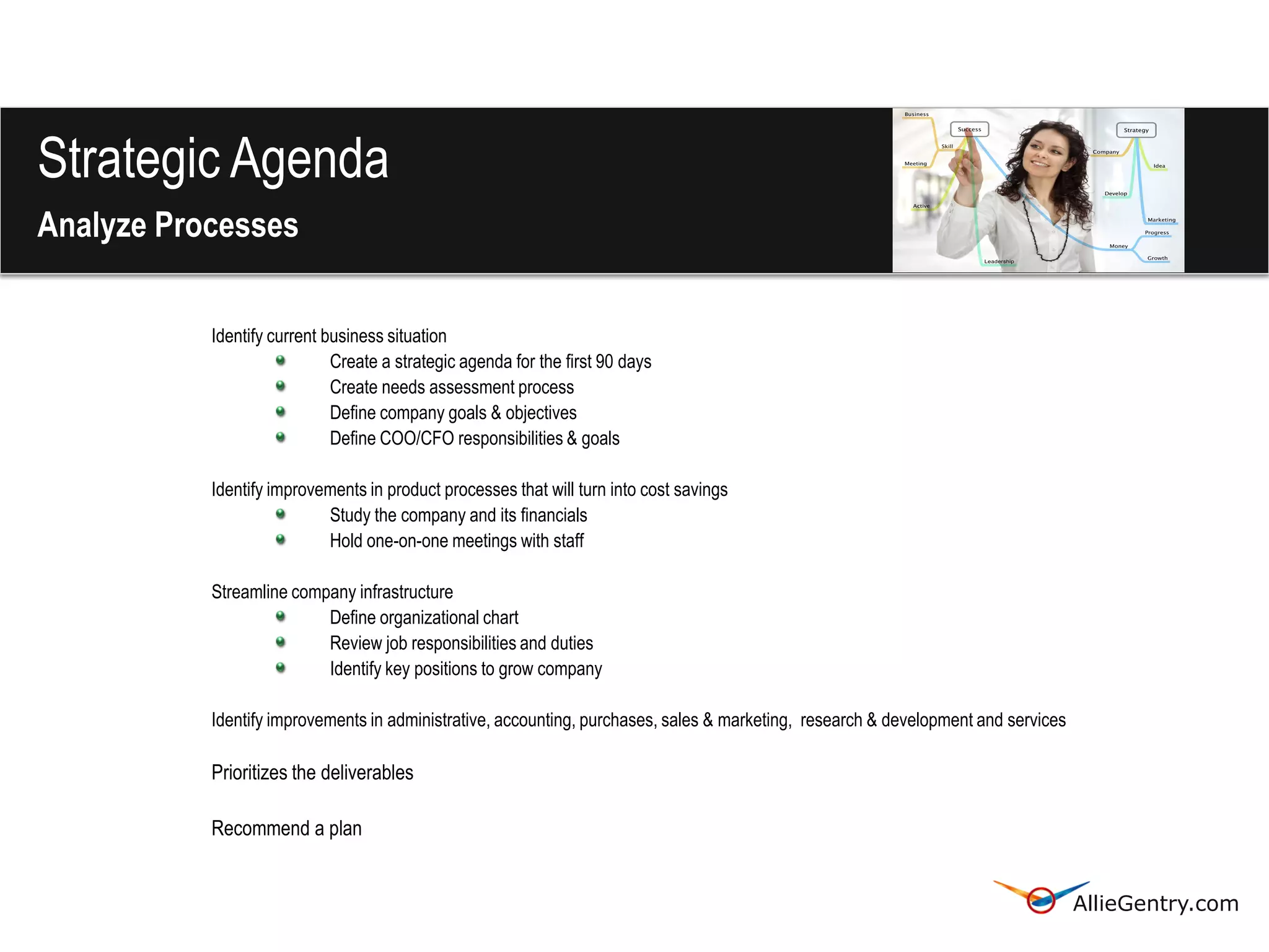 Strategic Agenda
Analyze Processes

           Identify current business situation
                             Create a strategic agenda for the first 90 days
                             Create needs assessment process
                             Define company goals & objectives
                             Define COO/CFO responsibilities & goals

           Identify improvements in product processes that will turn into cost savings
                           Study the company and its financials
                           Hold one-on-one meetings with staff

           Streamline company infrastructure
                          Define organizational chart
                          Review job responsibilities and duties
                          Identify key positions to grow company

           Identify improvements in administrative, accounting, purchases, sales & marketing, research & development and services

           Prioritizes the deliverables

           Recommend a plan


                                                                                                                                    AllieGentry.com
 