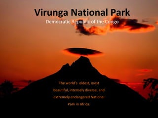Virunga National Park
Democratic Republic of the Congo
The world’s oldest, most
beautiful, intensely diverse, and
extremely endangered National
Park in Africa.
 
