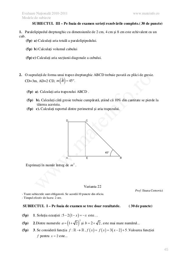 90 De Variante Pentru Evaluarea Nationala La Matematica Cls A Viii A