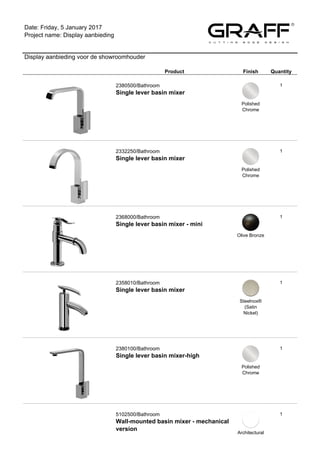 Date: Friday, 5 January 2017
Project name: Display aanbieding
Display aanbieding voor de showroomhouder
Product Finish Quantity
2380500/Bathroom
Single lever basin mixer
Polished
Chrome
1
2332250/Bathroom
Single lever basin mixer
Polished
Chrome
1
2368000/Bathroom
Single lever basin mixer - mini
Olive Bronze
1
2358010/Bathroom
Single lever basin mixer
Steelnox®
(Satin
Nickel)
1
2380100/Bathroom
Single lever basin mixer-high
Polished
Chrome
1
5102500/Bathroom
Wall-mounted basin mixer - mechanical
version
Architectural
1
 