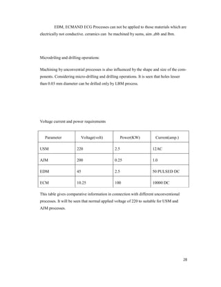 28
EDM, ECMAND ECG Processes can not be applied to those materials which are
electrically not conductive. ceramics can be machined by sums, aim ,ebb and lbm.
Microdriling and drilling operations:
Machining by unconvential processes is also influenced by the shape and size of the com-
ponents. Considering micro-drilling and drilling operations. It is seen that holes lesser
than 0.03 mm diameter can be drilled only by LBM process.
Voltage current and power requirements
Parameter Voltage(volt) Power(KW) Current(amp.)
USM 220 2.5 12AC
AJM 200 0.25 1.0
EDM 45 2.5 50 PULSED DC
ECM 10.25 100 10000 DC
This table gives comparative information in connection with different unconventional
processes. It will be seen that normal applied voltage of 220 to suitable for USM and
AJM processes.
 