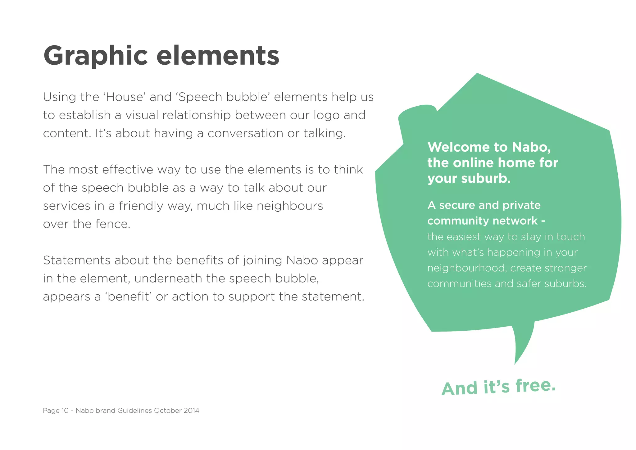 Graphic elements
Using the ‘House’ and ‘Speech bubble’ elements help us
to establish a visual relationship between our logo and
content. It’s about having a conversation or talking.
The most effective way to use the elements is to think
of the speech bubble as a way to talk about our
services in a friendly way, much like neighbours
over the fence.
Statements about the benefits of joining Nabo appear
in the element, underneath the speech bubble,
appears a ‘benefit’ or action to support the statement.
Page 10 - Nabo brand Guidelines October 2014
 