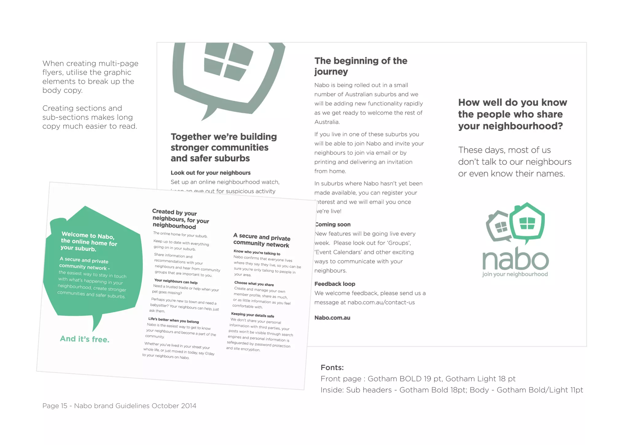Page 15 - Nabo brand Guidelines October 2014
When creating multi-page
flyers, utilise the graphic
elements to break up the
body copy.
Creating sections and
sub-sections makes long
copy much easier to read.
Fonts:
Front page : Gotham BOLD 19 pt, Gotham Light 18 pt
Inside: Sub headers - Gotham Bold 18pt; Body - Gotham Bold/Light 11pt
 