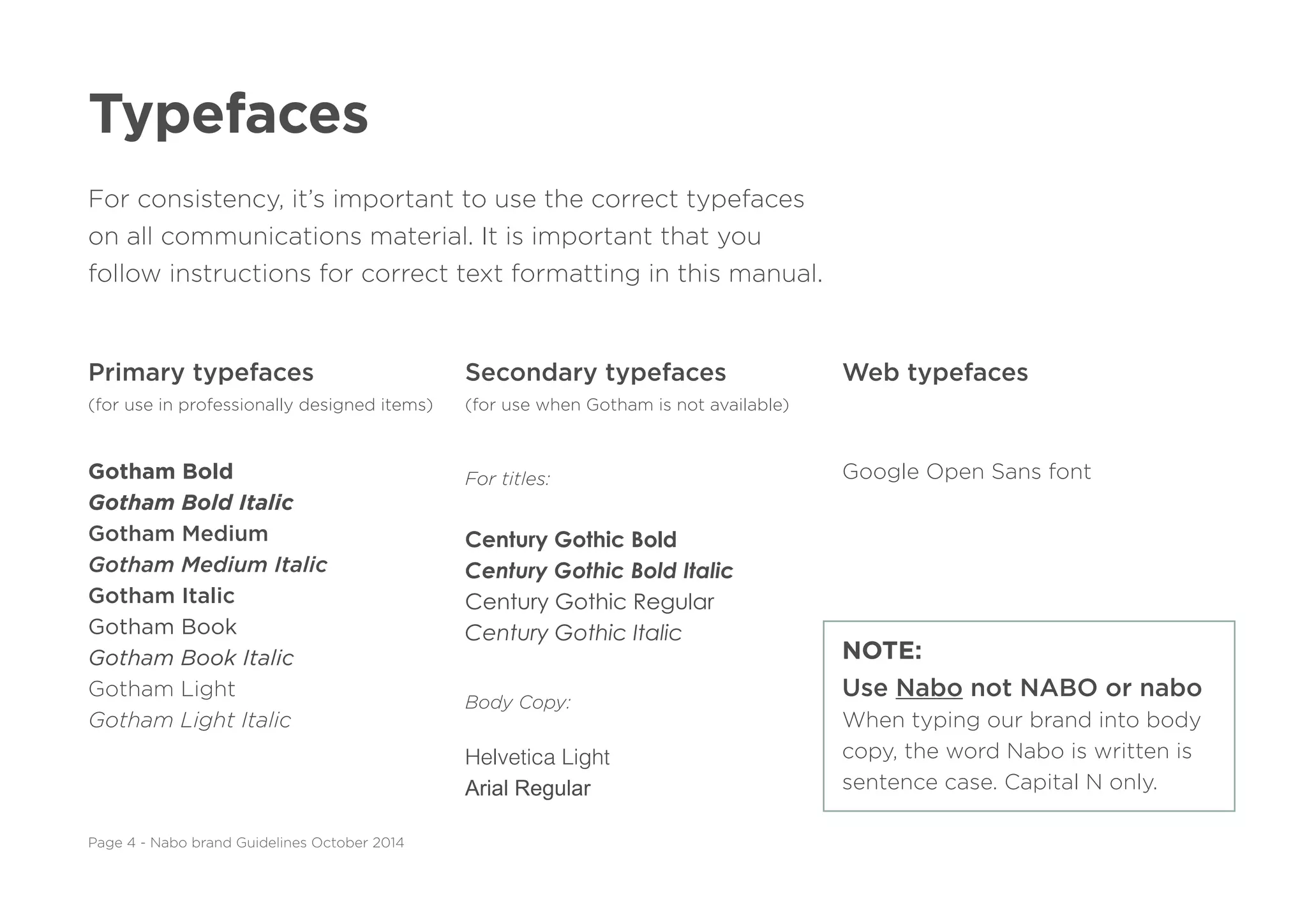 Typefaces
For consistency, it’s important to use the correct typefaces
on all communications material. It is important that you
follow instructions for correct text formatting in this manual.
Primary typefaces
(for use in professionally designed items)
Gotham Bold
Gotham Bold Italic
Gotham Medium
Gotham Medium Italic
Gotham Italic
Gotham Book
Gotham Book Italic
Gotham Light
Gotham Light Italic
Secondary typefaces
(for use when Gotham is not available)
For titles:
Century Gothic Bold
Century Gothic Bold Italic
Century Gothic Regular
Century Gothic Italic
Body Copy:
Helvetica Light
Arial Regular
Web typefaces
Google Open Sans font
NOTE:
Use Nabo not NABO or nabo
When typing our brand into body
copy, the word Nabo is written is
sentence case. Capital N only.
Page 4 - Nabo brand Guidelines October 2014
 