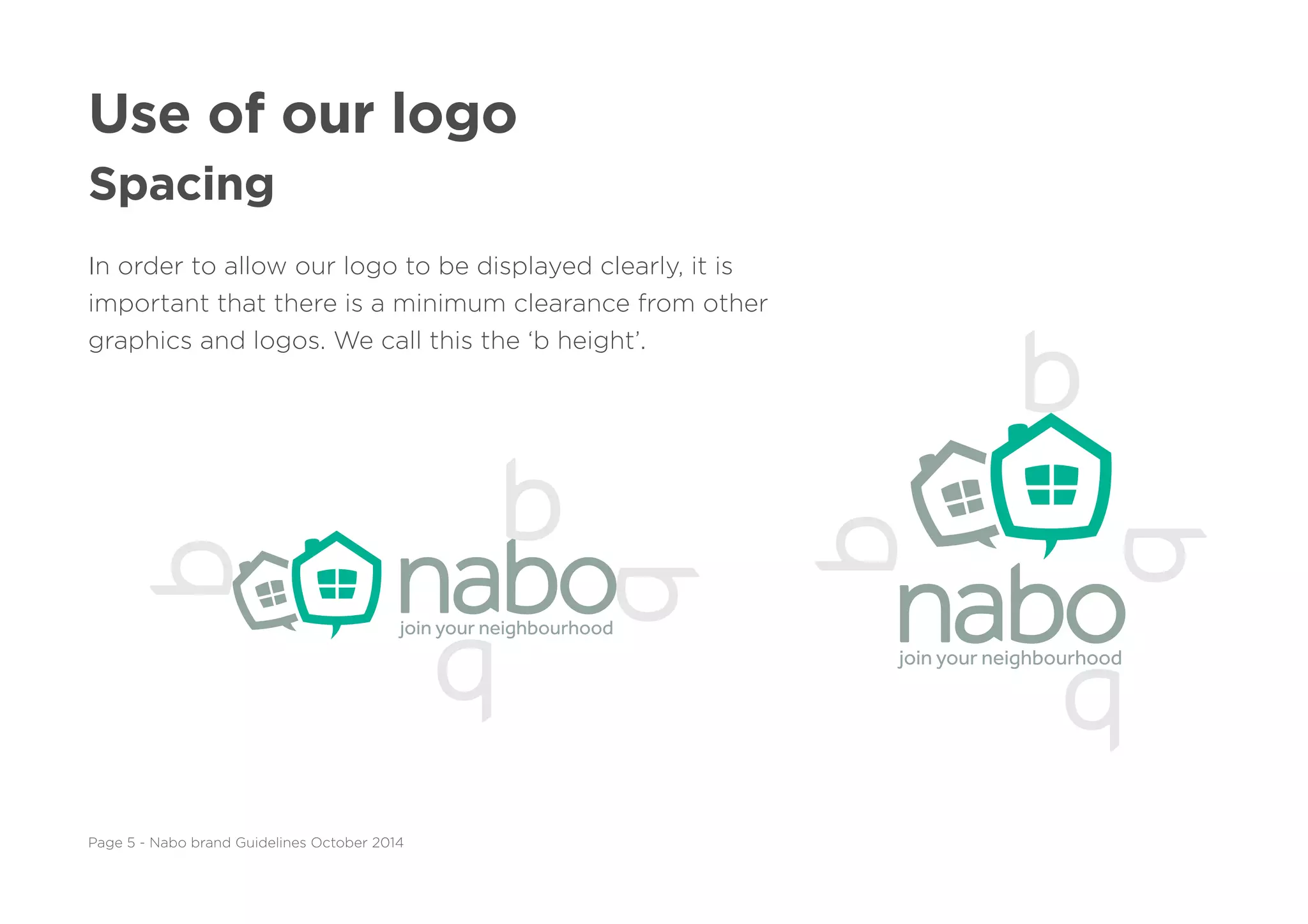 Use of our logo
Spacing
In order to allow our logo to be displayed clearly, it is
important that there is a minimum clearance from other
graphics and logos. We call this the ‘b height’.
Page 5 - Nabo brand Guidelines October 2014
 