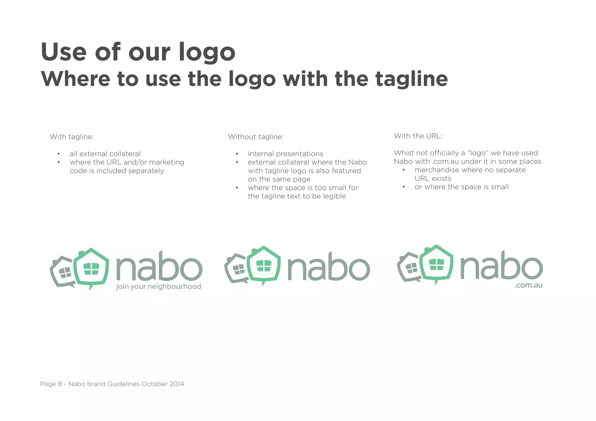 Use of our logo
Where to use the logo with the tagline
With tagline:
•	 all external collateral 
•	 where the URL and/or marketing
code is included separately
Without tagline:
•	 internal presentations
•	 external collateral where the Nabo
with tagline logo is also featured
on the same page
•	 where the space is too small for
the tagline text to be legible
Page 8 - Nabo brand Guidelines October 2014
With the URL:
 
Whist not officially a “logo” we have used
Nabo with .com.au under it in some places
•	 merchandise where no separate
URL exists
•	 or where the space is small
.com.au
 
