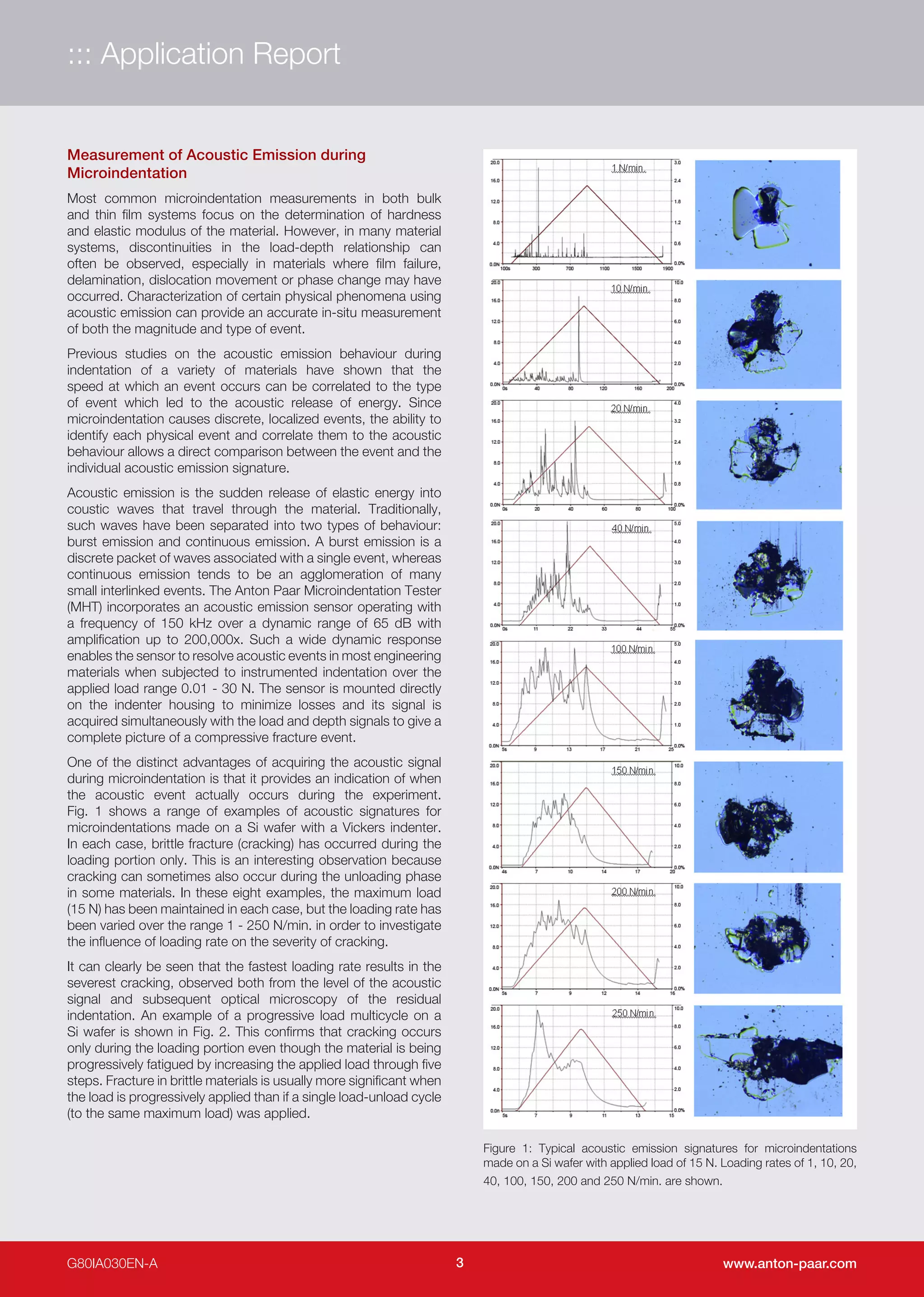 3 www.anton-paar.com
::: Application Report
G80IA030EN-A
Measurement of Acoustic Emission during
Microindentation
Most common microindentation measurements in both bulk
and thin film systems focus on the determination of hardness
and elastic modulus of the material. However, in many material
systems, discontinuities in the load-depth relationship can
often be observed, especially in materials where film failure,
delamination, dislocation movement or phase change may have
occurred. Characterization of certain physical phenomena using
acoustic emission can provide an accurate in-situ measurement
of both the magnitude and type of event.
Previous studies on the acoustic emission behaviour during
indentation of a variety of materials have shown that the
speed at which an event occurs can be correlated to the type
of event which led to the acoustic release of energy. Since
microindentation causes discrete, localized events, the ability to
identify each physical event and correlate them to the acoustic
behaviour allows a direct comparison between the event and the
individual acoustic emission signature.
Acoustic emission is the sudden release of elastic energy into
coustic waves that travel through the material. Traditionally,
such waves have been separated into two types of behaviour:
burst emission and continuous emission. A burst emission is a
discrete packet of waves associated with a single event, whereas
continuous emission tends to be an agglomeration of many
small interlinked events. The Anton Paar Microindentation Tester
(MHT) incorporates an acoustic emission sensor operating with
a frequency of 150 kHz over a dynamic range of 65 dB with
amplification up to 200,000x. Such a wide dynamic response
enables the sensor to resolve acoustic events in most engineering
materials when subjected to instrumented indentation over the
applied load range 0.01 - 30 N. The sensor is mounted directly
on the indenter housing to minimize losses and its signal is
acquired simultaneously with the load and depth signals to give a
complete picture of a compressive fracture event.
One of the distinct advantages of acquiring the acoustic signal
during microindentation is that it provides an indication of when
the acoustic event actually occurs during the experiment.
Fig. 1 shows a range of examples of acoustic signatures for
microindentations made on a Si wafer with a Vickers indenter.
In each case, brittle fracture (cracking) has occurred during the
loading portion only. This is an interesting observation because
cracking can sometimes also occur during the unloading phase
in some materials. In these eight examples, the maximum load
(15 N) has been maintained in each case, but the loading rate has
been varied over the range 1 - 250 N/min. in order to investigate
the influence of loading rate on the severity of cracking.
It can clearly be seen that the fastest loading rate results in the
severest cracking, observed both from the level of the acoustic
signal and subsequent optical microscopy of the residual
indentation. An example of a progressive load multicycle on a
Si wafer is shown in Fig. 2. This confirms that cracking occurs
only during the loading portion even though the material is being
progressively fatigued by increasing the applied load through five
steps. Fracture in brittle materials is usually more significant when
the load is progressively applied than if a single load-unload cycle
(to the same maximum load) was applied.
Figure 1: Typical acoustic emission signatures for microindentations
made on a Si wafer with applied load of 15 N. Loading rates of 1, 10, 20,
40, 100, 150, 200 and 250 N/min. are shown.
 