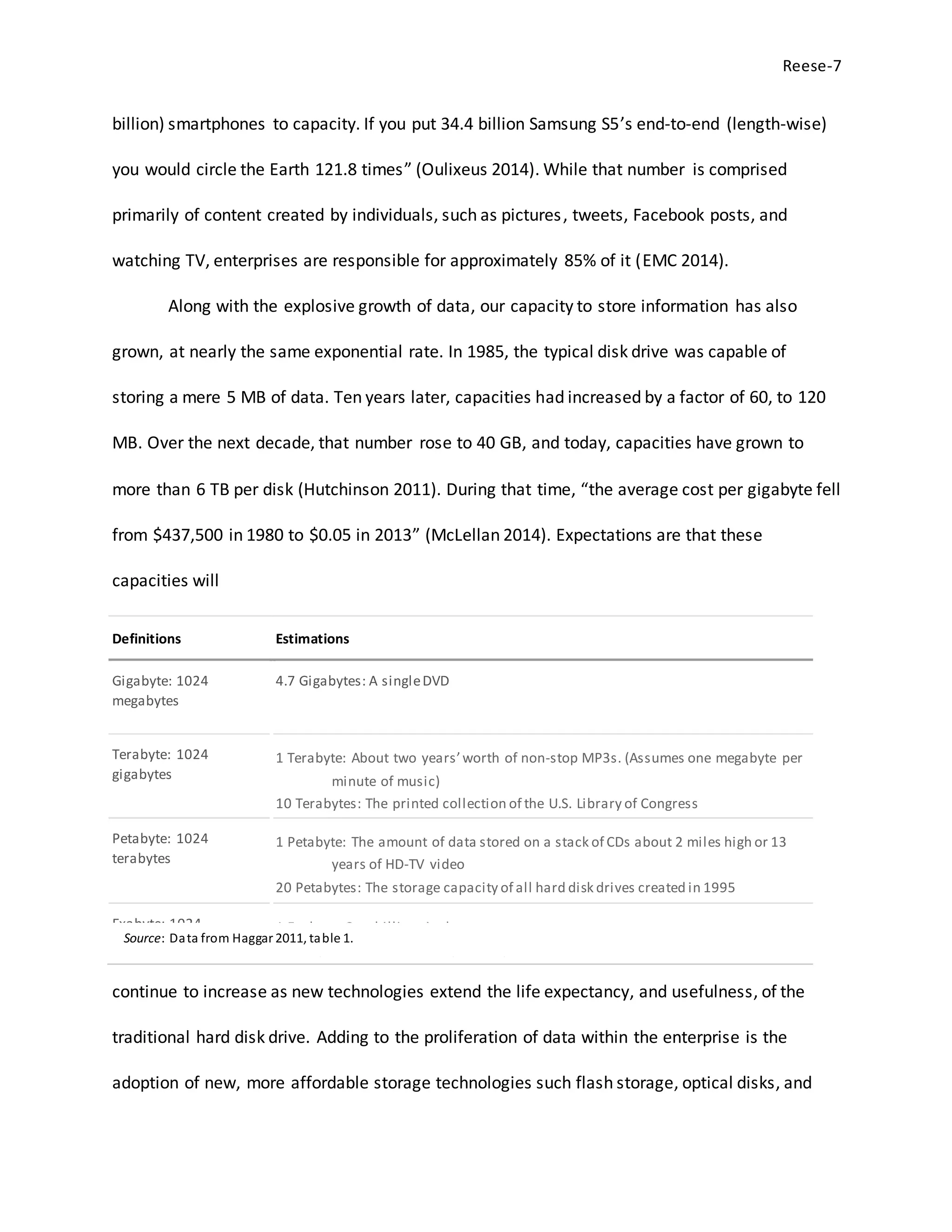Reese-7
billion) smartphones to capacity. If you put 34.4 billion Samsung S5’s end-to-end (length-wise)
you would circle the Earth 121.8 times” (Oulixeus 2014). While that number is comprised
primarily of content created by individuals, such as pictures, tweets, Facebook posts, and
watching TV, enterprises are responsible for approximately 85% of it (EMC 2014).
Along with the explosive growth of data, our capacity to store information has also
grown, at nearly the same exponential rate. In 1985, the typical disk drive was capable of
storing a mere 5 MB of data. Ten years later, capacities had increased by a factor of 60, to 120
MB. Over the next decade, that number rose to 40 GB, and today, capacities have grown to
more than 6 TB per disk (Hutchinson 2011). During that time, “the average cost per gigabyte fell
from $437,500 in 1980 to $0.05 in 2013” (McLellan 2014). Expectations are that these
capacities will
continue to increase as new technologies extend the life expectancy, and usefulness, of the
traditional hard disk drive. Adding to the proliferation of data within the enterprise is the
adoption of new, more affordable storage technologies such flash storage, optical disks, and
Definitions Estimations
Gigabyte: 1024
megabytes
4.7 Gigabytes: A singleDVD
Terabyte: 1024
gigabytes
1 Terabyte: About two years’worth of non-stop MP3s. (Assumes one megabyte per
minute of music)
10 Terabytes: The printed collection of the U.S. Library of Congress
Petabyte: 1024
terabytes
1 Petabyte: The amount of data stored on a stack of CDs about 2 miles high or 13
years of HD-TV video
20 Petabytes: The storage capacity of all hard disk drives created in 1995
Exabyte: 1024
petabytes
1 Exabyte: One billion gigabytes
5 Exabytes: All words ever spoken by mankind
Source: Data from Haggar 2011, table 1.
 