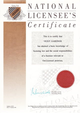 National Licensees Certificate